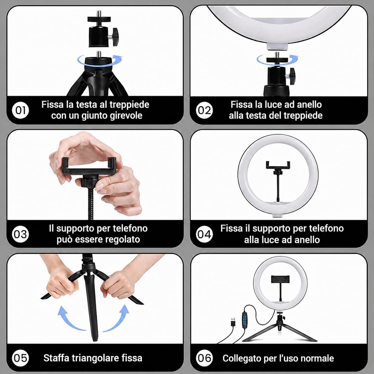 Lampada ad Anello LED 12" 30cm Regolabile per Selfie Video Foto Treppiede 3 Modalità Illuminazione