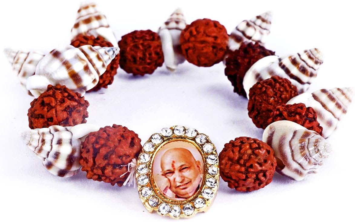 SATVIK 2 Pc Jai Guruji Swaroop Beads Bracelet Handmade Rudraksha & Shell Bracelets Jai Chhatarpur Guruji Blessing Shukrana Satsang Jai Guru Ji Maharaj Positive Vibes Wrist Band Bulk Return Gifts