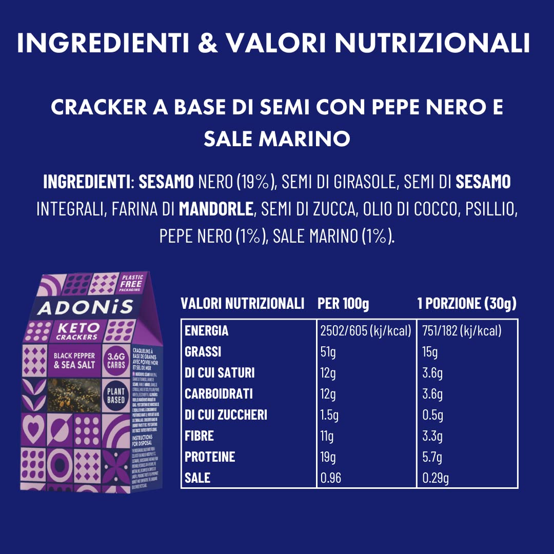 Cracker Proteici Adonis Keto al Pepe Nero & Sale Marino (confezione da 10 x 60g) | Vegano & Keto Friendly | 100% Naturale | Senza Glutine, Senza Zuccheri, Senza Olio di Palma, Senza Lattosio | Basso