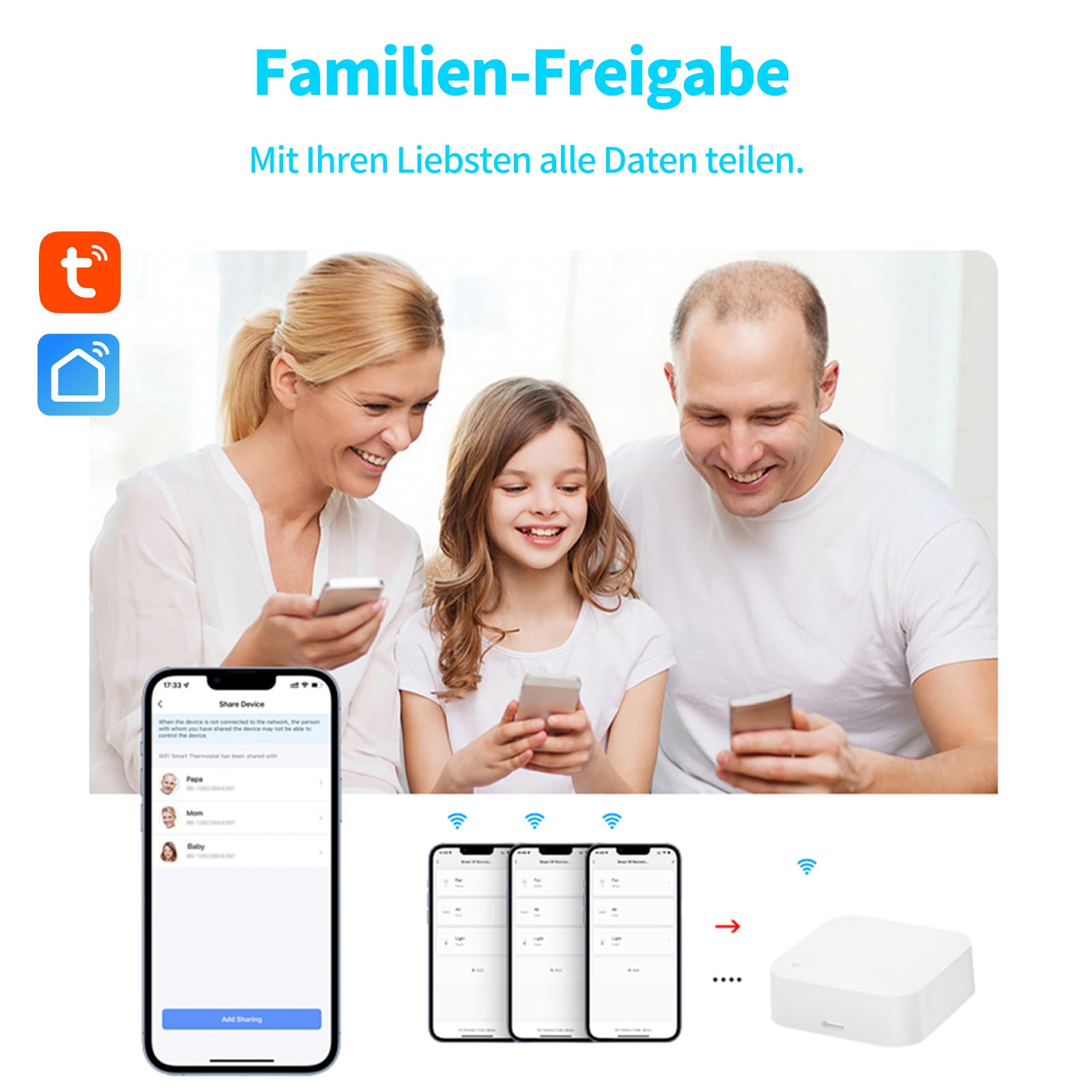WLAN Thermometer Hygrometer mit App, 150m Reichweite für Innen Außen, Tuya Smart Life kompatibel für Gewächshaus Weinkeller, 3 Sensoren + Basisstation