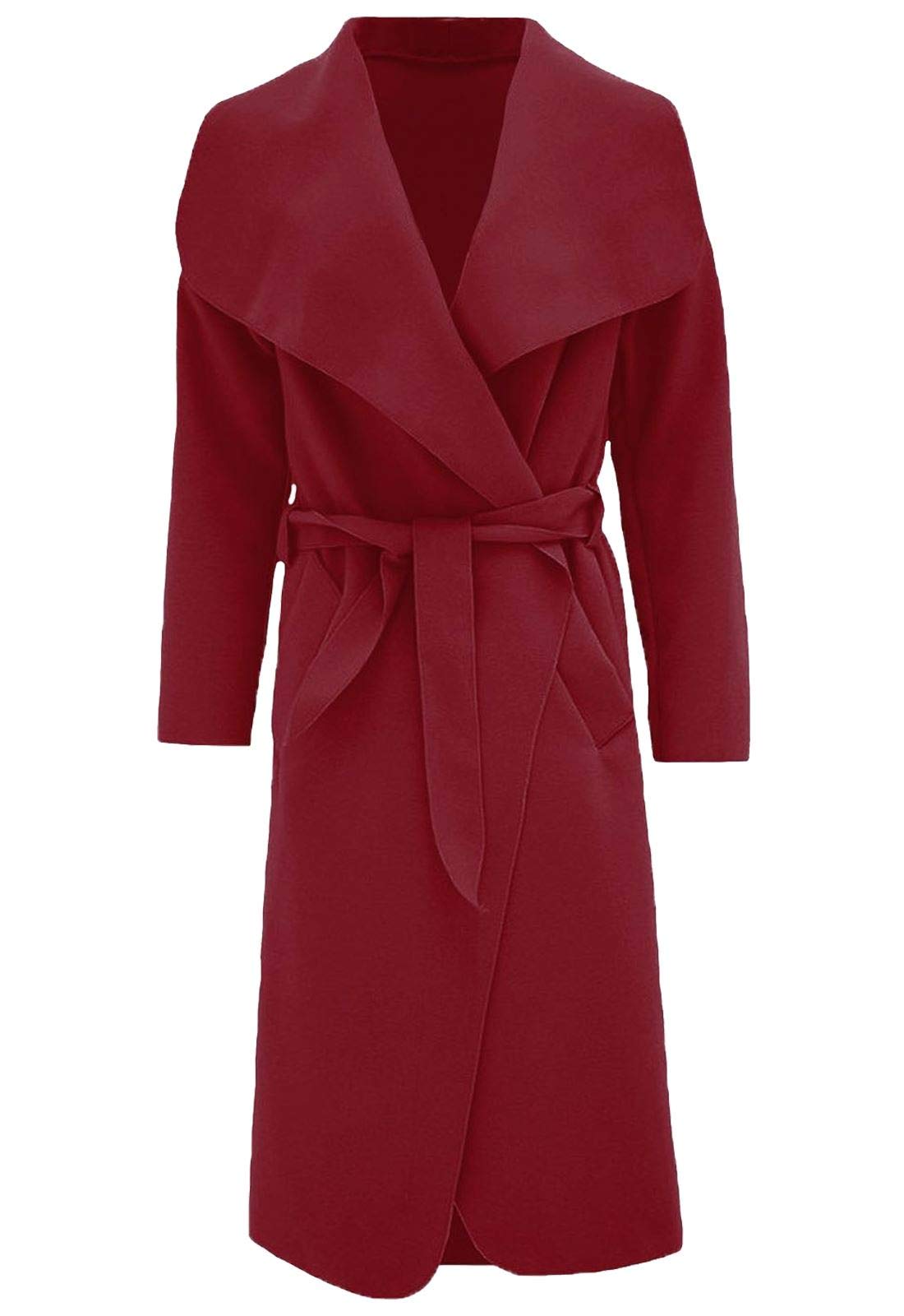 FAIRY TRENDZ LTD Womens Ladies Italian Trench Long Coat Waterfall Duster Cape Belted Cardigan Winter Wear Jacket Wrap Coat Wine UK 12-14