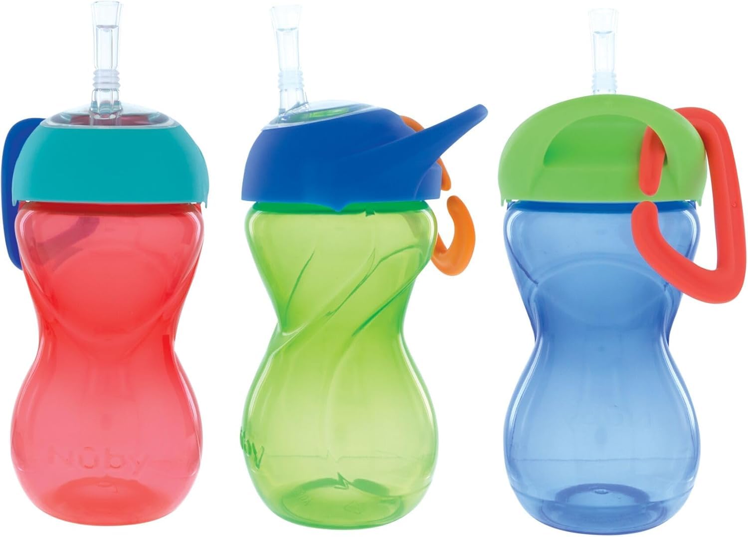 Nuby No-Spill Clik-It Flexi Straw Sippy Cup with Carabiner Clip - (3-Pack) 10 oz - Baby Sippy Cup for 6+ Month Old with Easy Grip - Red/Green/Blue
