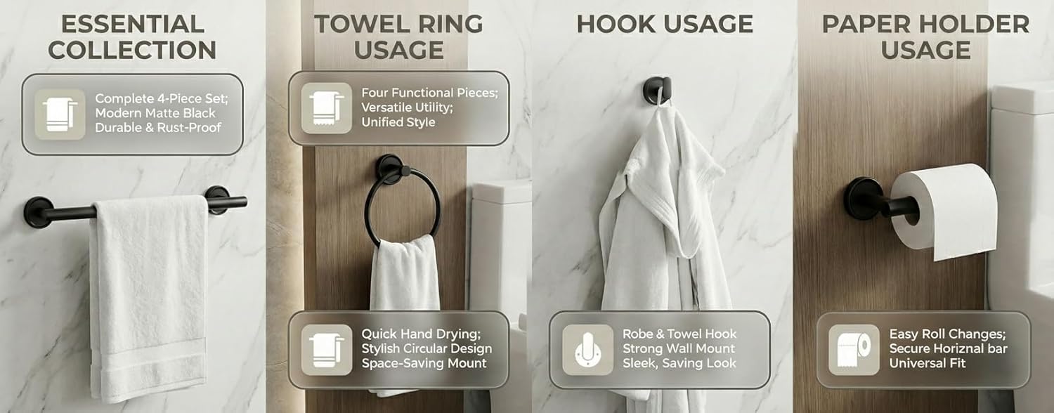 5-Piece Round Matte Black Bathroom Hardware Set - Wall Mounted Towel Bar Bath Accessories