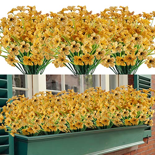 Künstliche Blumen 16 Bündel im Freien UV-beständig gefälschte Blumen kein Verblassen Faux Kunststoff Greenery Sträucher Garten Veranda Fenster Box dekorieren (Gelb)