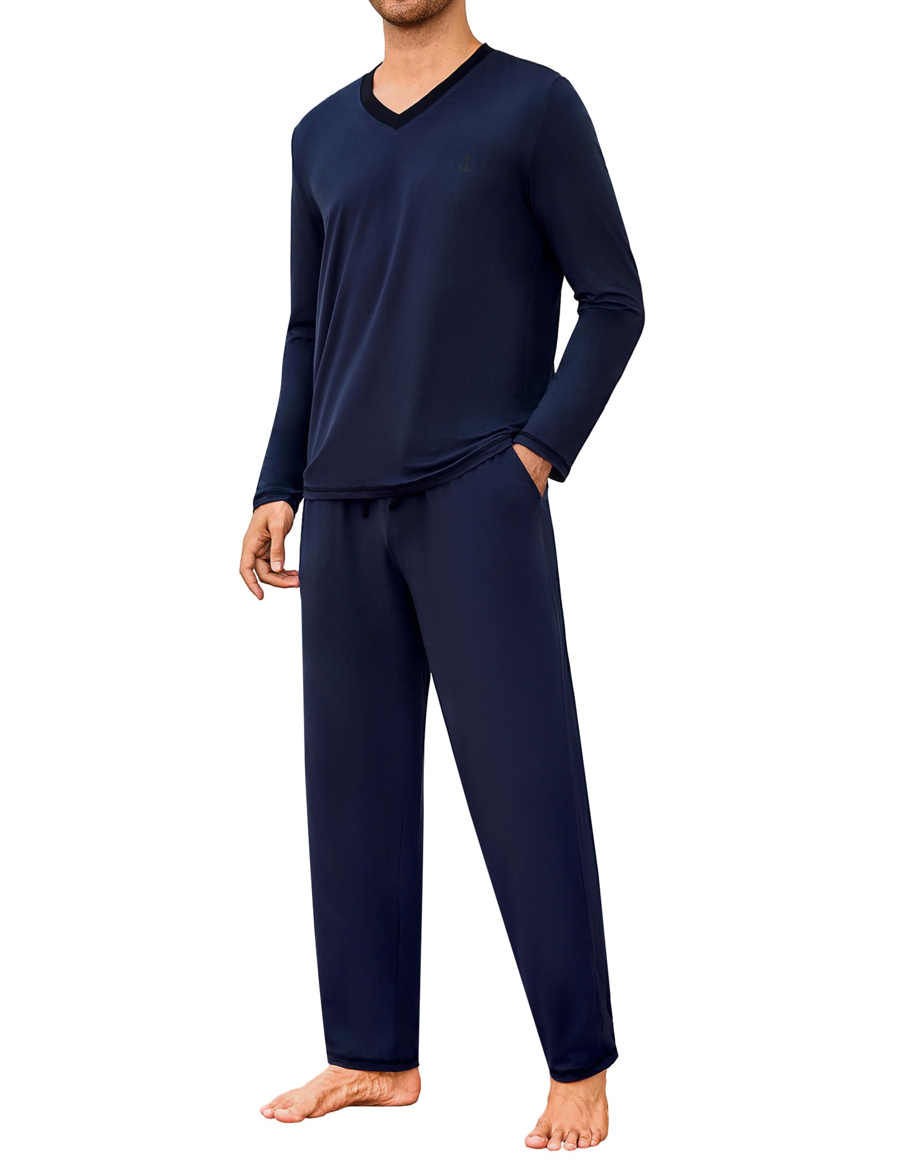 Marvmys Heren Pyjama Set Lange Mouw Pyjama Katoen Gedrukt V-hals Tweedelig Herfst En Winter Broek met Zak S-XXL, Zwart, L
