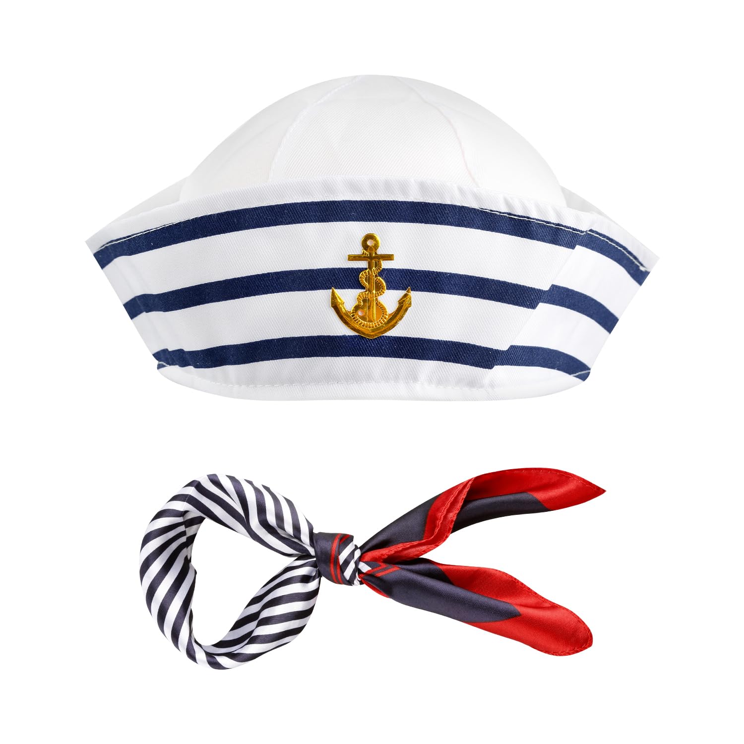 Hopzab 2PCS Striped Sailor Hat and Scarf Set, Nautical Boat Party Costume Accessory, Cosplay Dress Up, Adult Headwear, Polyester Blend, Head Circumference 56cm