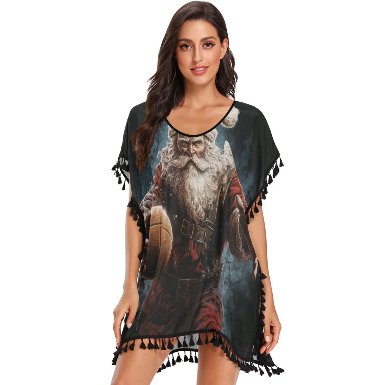 KAAVIYO Christmas Santa Claus Basketball Women's Beach Cover Up Chiffon Tassel Swimwear Swimsuit Coverups for Girl