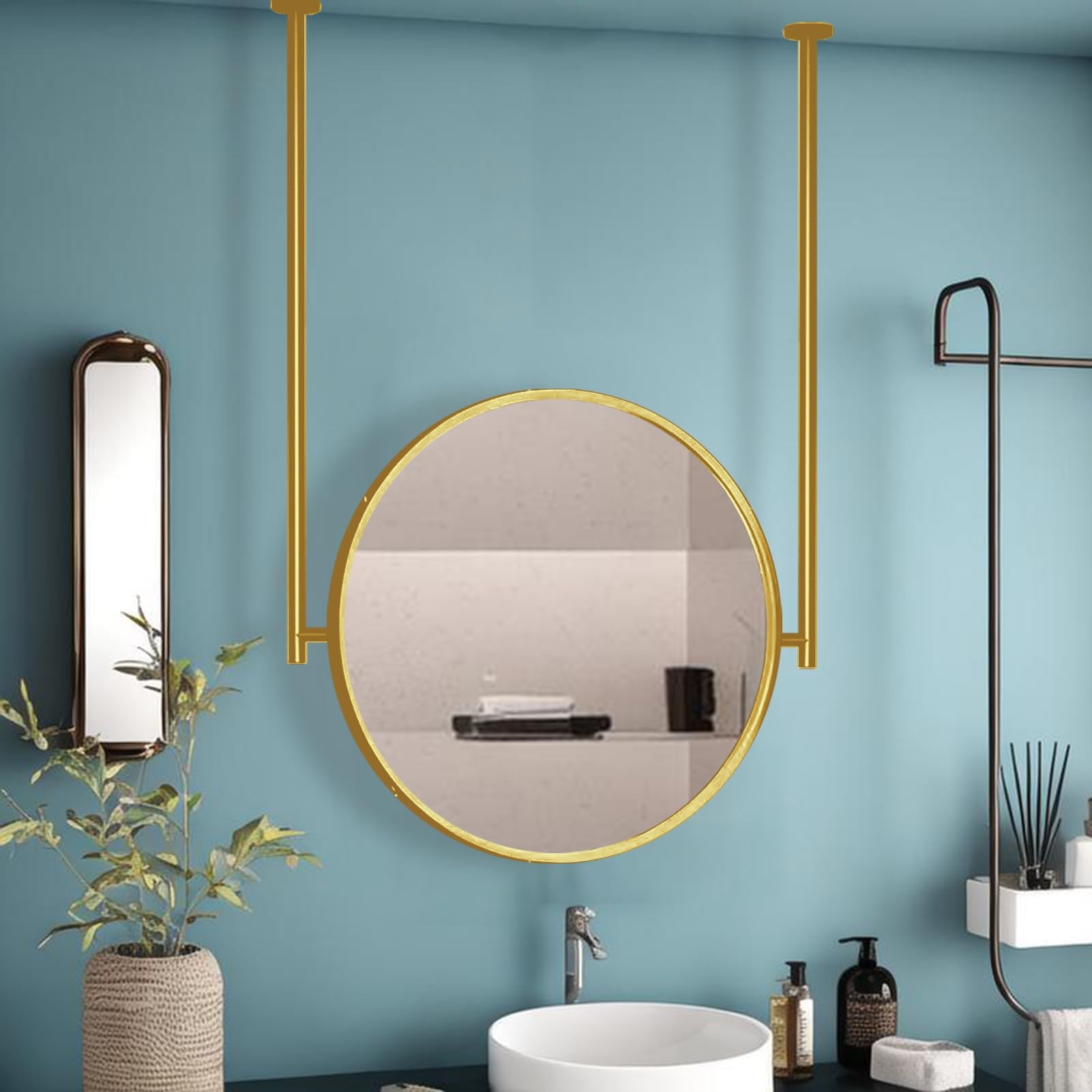 FGXHHS Rounded Ceiling Mounted Mirror with Metal Floating Boom, Gold Frame Decoration Mirror, Wall-Mounted Mirrors, Hotel Bathroom Vanity Makeup Hanging Mirror(Diameter-50CM/19.7INCH)