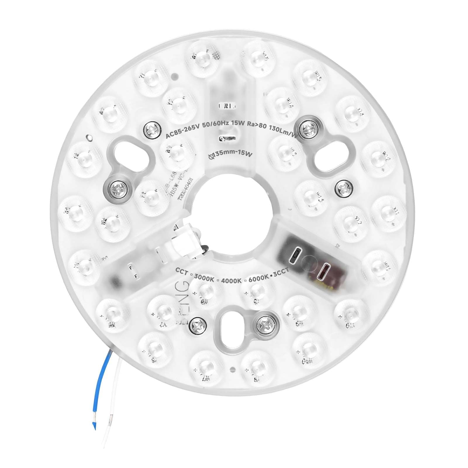 Kit de Recambio Luz LED 15W para Ventilador de Techo 5.3, Panel Redondo 3CCT 3000/4200/6500K con Memoria, Base de Aluminio 85–265V, Repuesto Universal para Modernizar Lámparas y Ventiladores