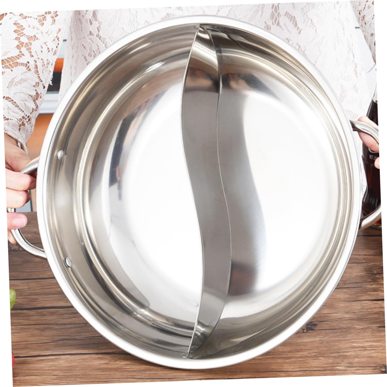 HAKIDZEL 1set Divided Stainless Steel Hot Pot Double Flavor Cooking Pot Lid Induction Gas Stove Compatible Lightweight Easy to Clean for Soups Broths