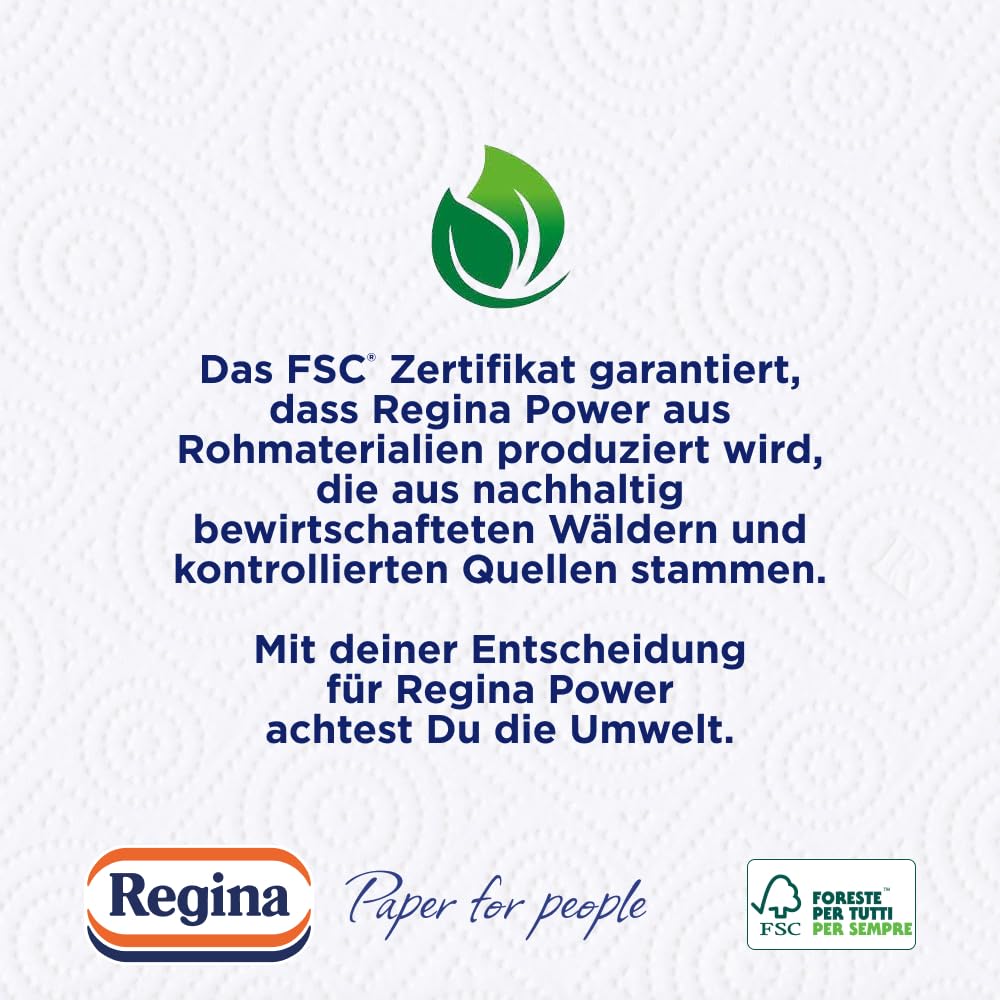 Regina Power, 24 Küchenrollen Küchentücher, 2-lagig | 43 Blatt pro Rolle, Ultrastarke Papiertücher für den ganzen Haushalt, Verpackung aus recycelbarem Papier, FSC Papier