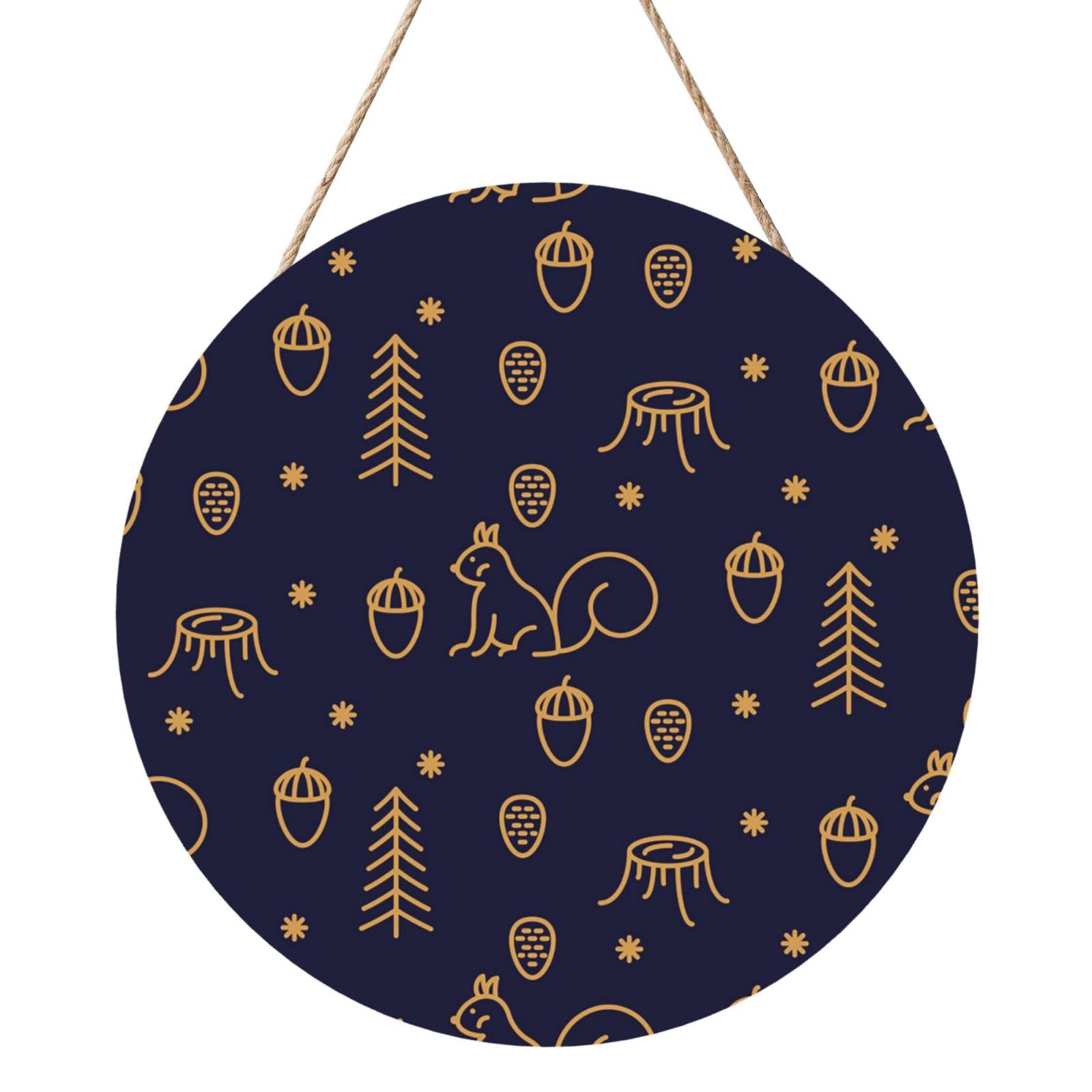 InOmak Winter Woods And Squirrels Line Style Blue, Round Wood Panel Painting 12 in, Wall Hanging Painting For Home