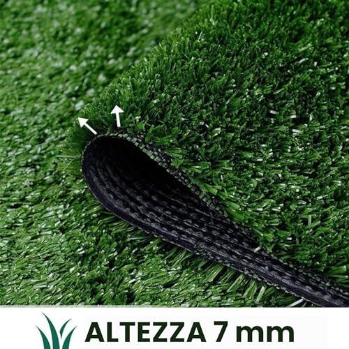 Baroni Home Rotolo di Erba Sintetica 2x10 mt Altezza 7 mm, Verde Naturale, Erba in PE, Fondo Drenante in PP, Alta Densità Fili/m², Resistente e Sicura per Animali, per Giardini, Terrazzi, Piscine - 2