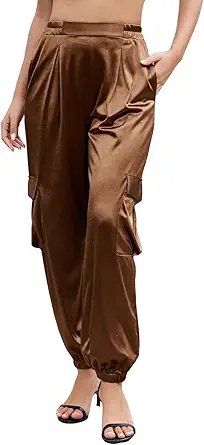 ZAFUL Womens Satin Joggers 2025 Boho Chic Cargo Jogger Pants High Waisted Stretch Silk Ankle Pants Slack Trousers