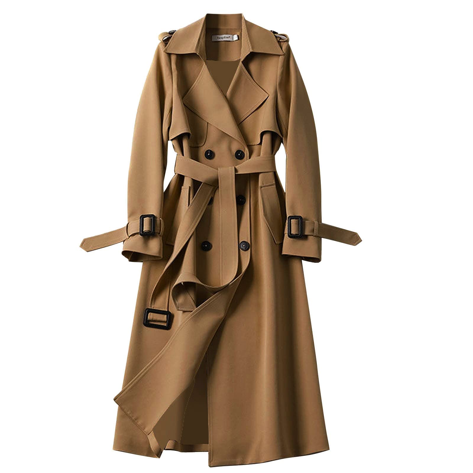 Manteau long pour femme avec ceinture - Élégant - Longueur genou - Trench - Coupe-vent - Veste de transition - Avec poches