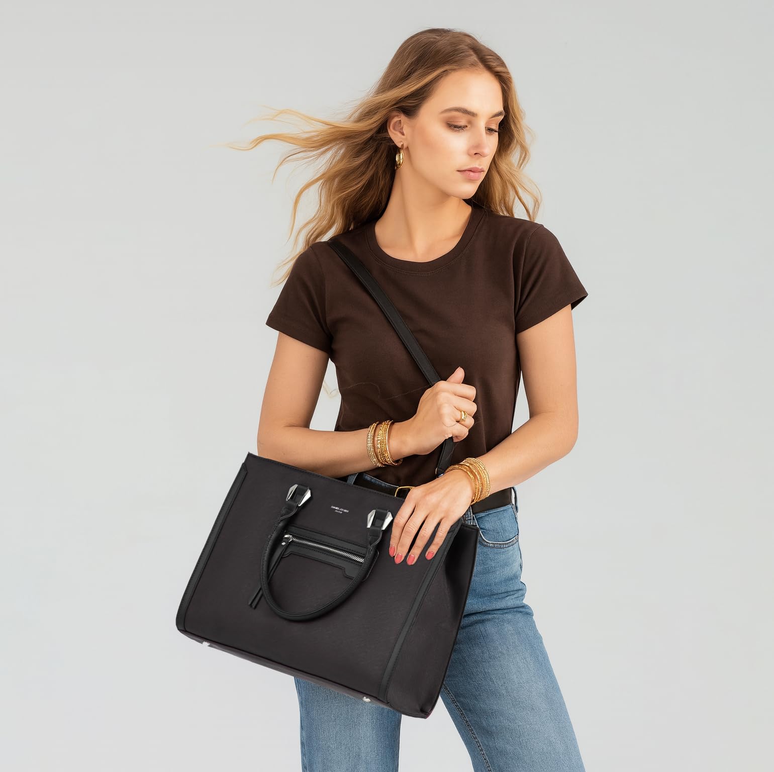 David Jones - Bolso de Mano Trabajo Mujer - Shopper Universidad Tote Bag Cuero PU - Grande Bolso Bandolera Hombro Cuero Impermeable - Ordenador Portatil 15.6 Pulgadas Escuela Oficina - Marrón
