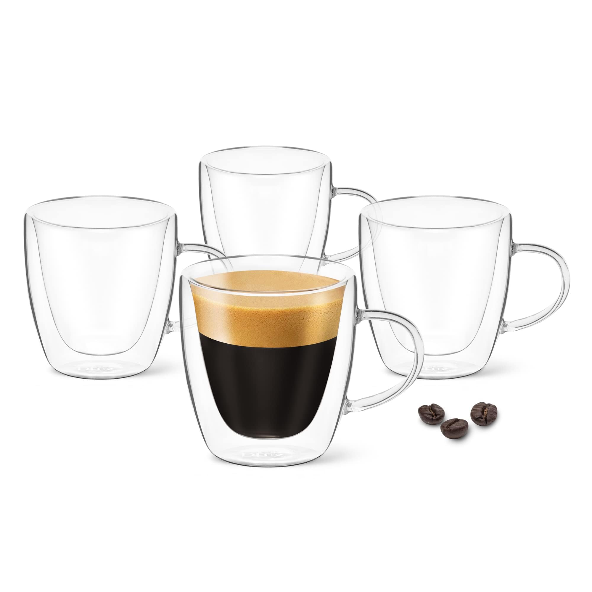 DLux Espresso Coffee Cups 3oz, Double Wall, Clear Glass set of 4 Glasses with Handles, Insulated Borosilicate Glassware Tea Cup