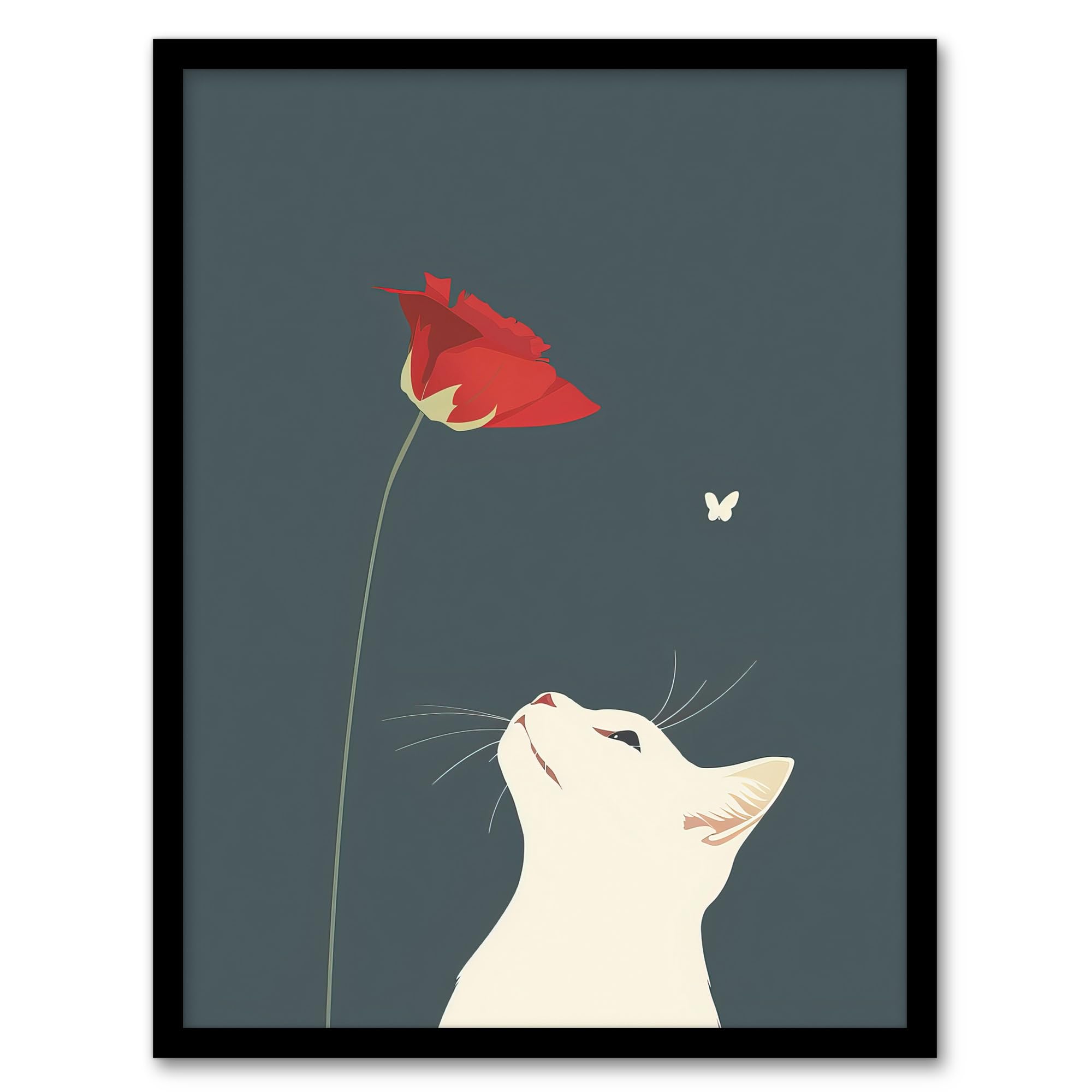 Artery8 White Cat with Rose Butterfly Artwork Simple Cute Living Room Artwork Framed Wall Art Print 18X24 Inch