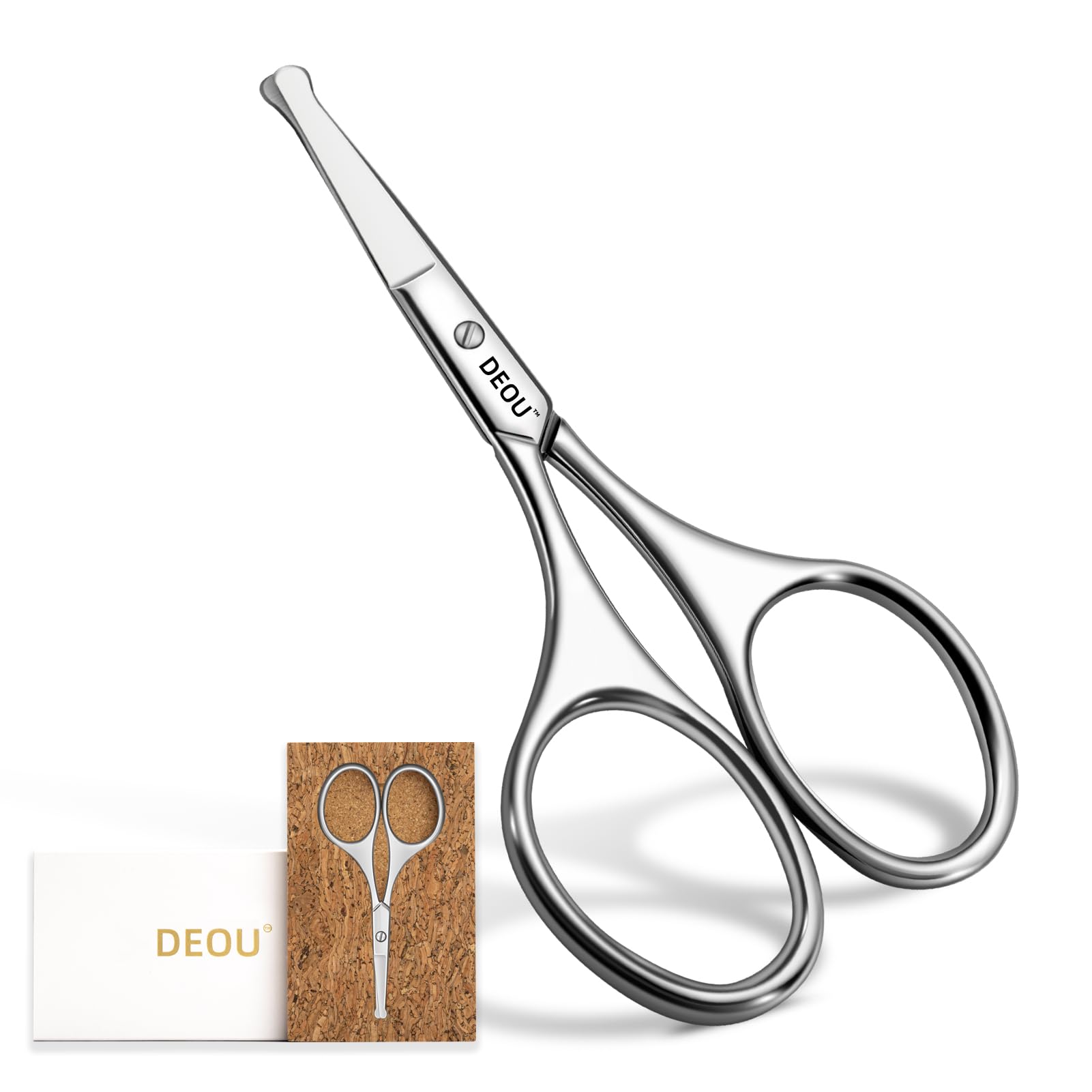 DEOU Silver Stainless Steel Round Nose Safety Scissors - Compact Facial Hair Trimming Tool for Men's Nose, Eyelashes, Eyebrows, Beard &amp; Pet Grooming