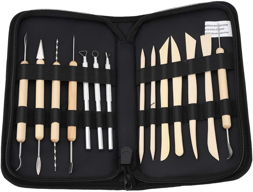 14 Piece Clay and Ceramic Tools Set - Professional Wood and Steel Tools for Modelling, Carving and Designing - Includes Carrying Case