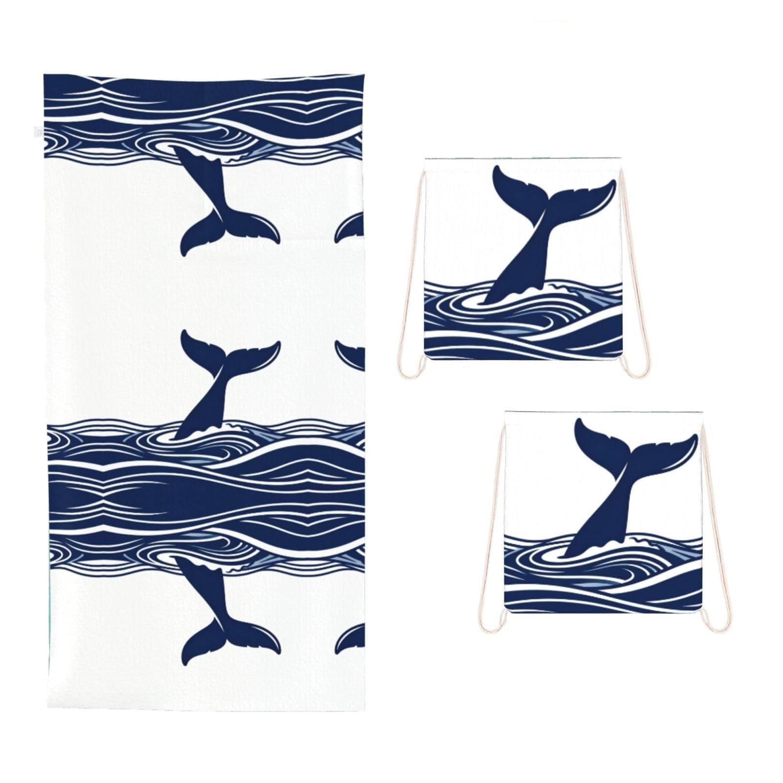 CNTDBU Whale Tail Wave 2 in 1 Packable Towel Bag-Large Beach Towel with Stuff Sack, Super Absorbent Microfiber Travel Towel for Pool