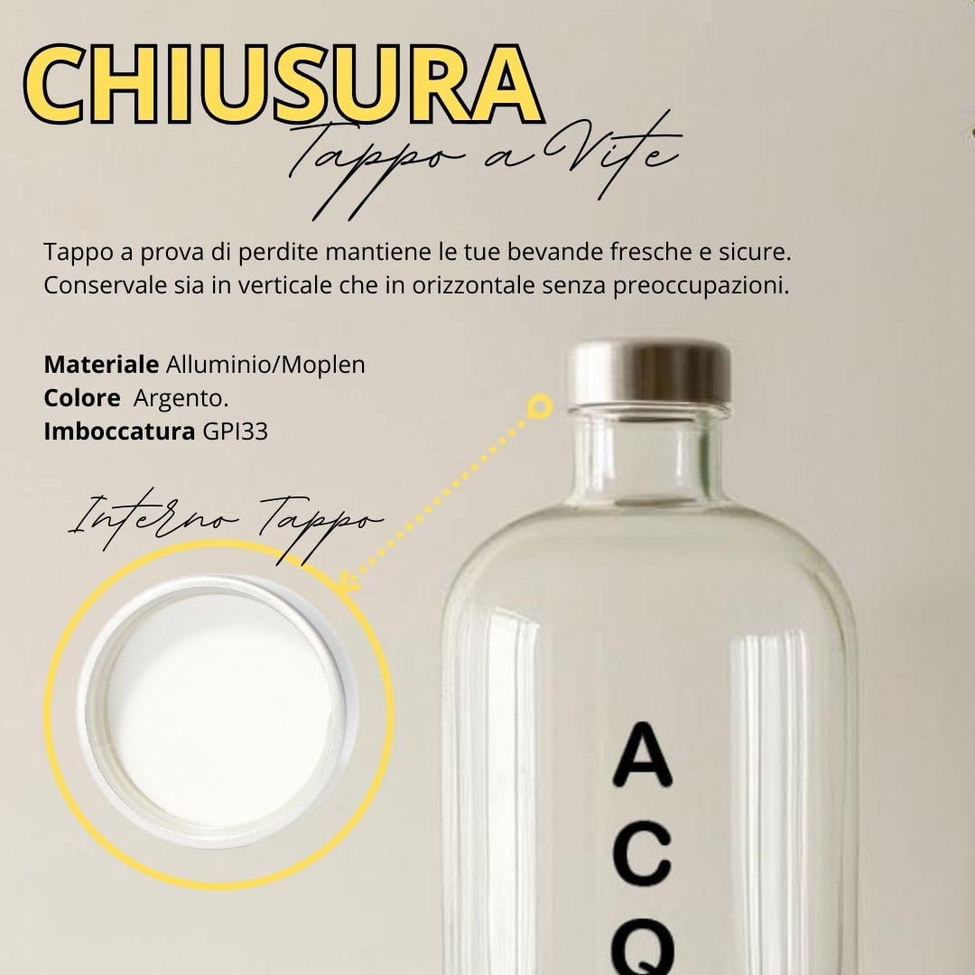 Set di 4 Bottiglie in Vetro Modello ARTEMIDE, 1 Litro, Serigrafia 4 Frizzante, Tappo a Vite colore Argento | Bottiglia Vetro Acqua