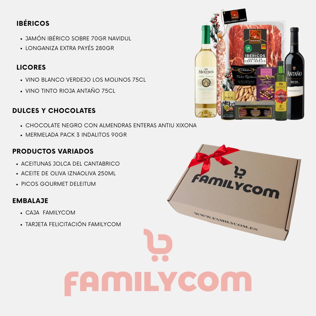 FAMILYCOM. Cesta Gourmet para regalar. Surtido con Chocolates originales de regalo. Lote de embutidos, Paleta de Cebo, Longaniza Payes y Conservas, Vinos, Aceite de Oliva y Picos gourmet.