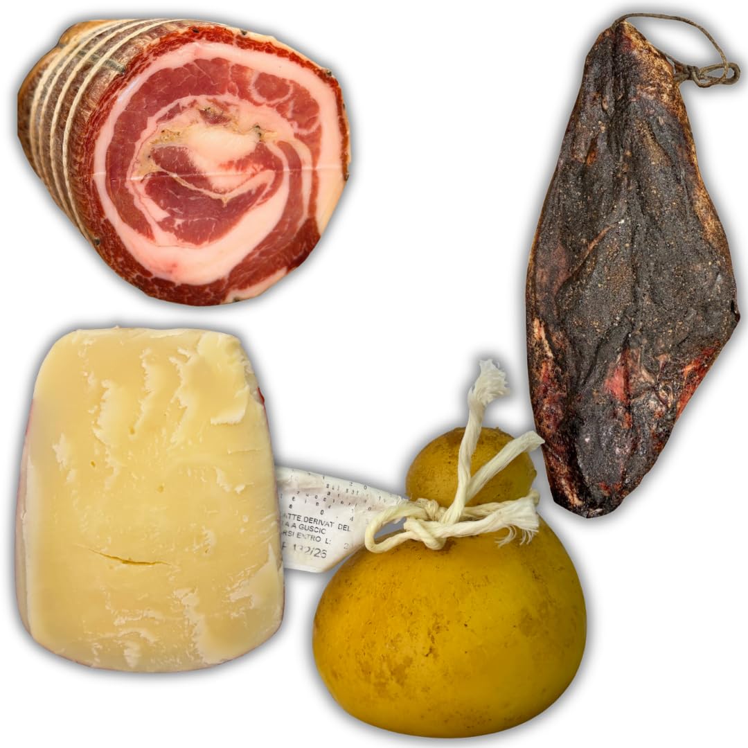Machegusto! – Pancetta Roulée Italienne 500g, Guanciale Italien 600g, Caciobufala Classique 500g et Caciocavallo Fumé 700g – Coffret Gourmand Italien – Charcuterie Artisanale et Fromages Italiens –