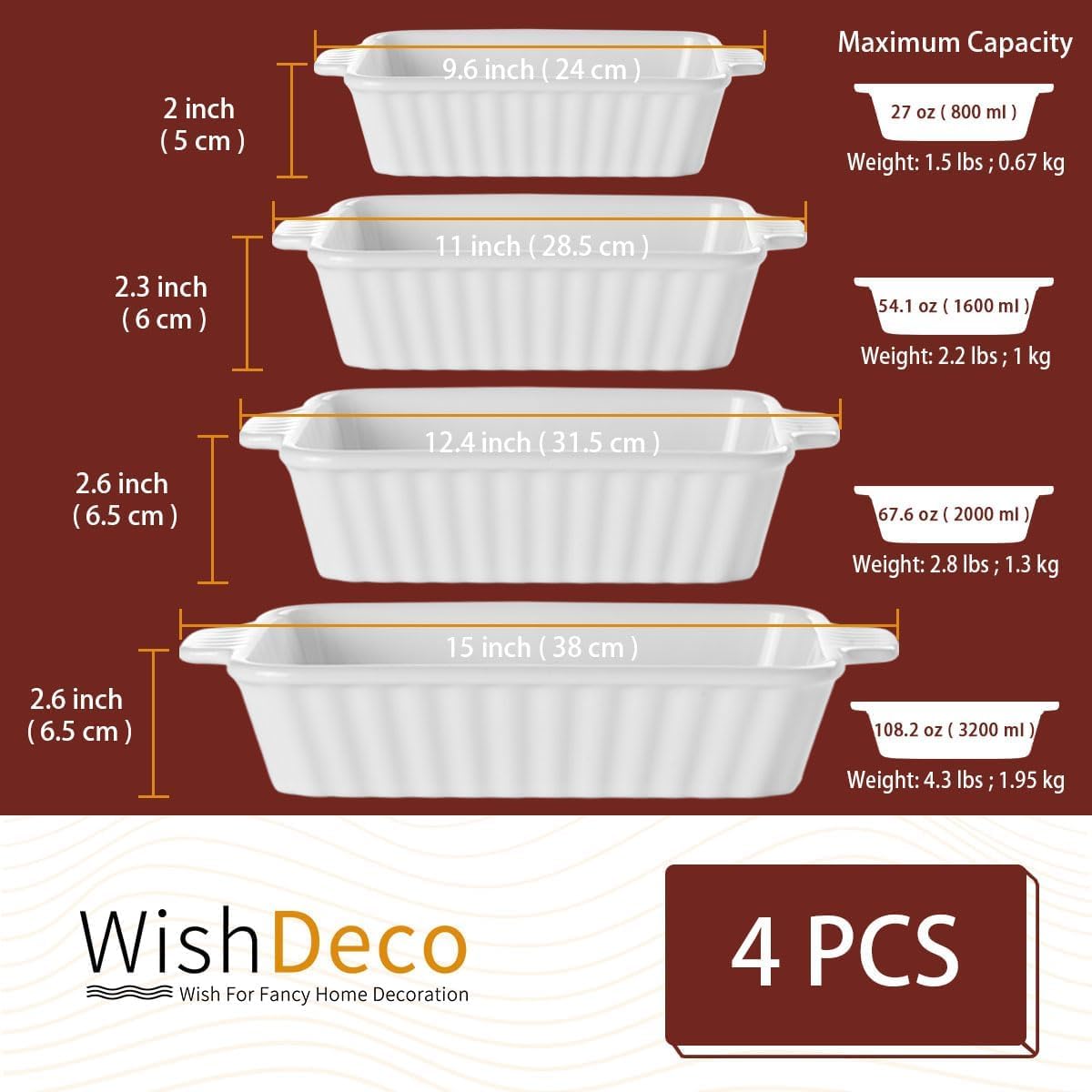 WishDeco 4-teiliges Auflaufform Set, Rechteckig Lasagne Backformen Set aus Keramik, Ofenfeste tiefe Gratinform mit Griffen, Mikrowellengeeignet & Spülmaschinenfest, Weiß