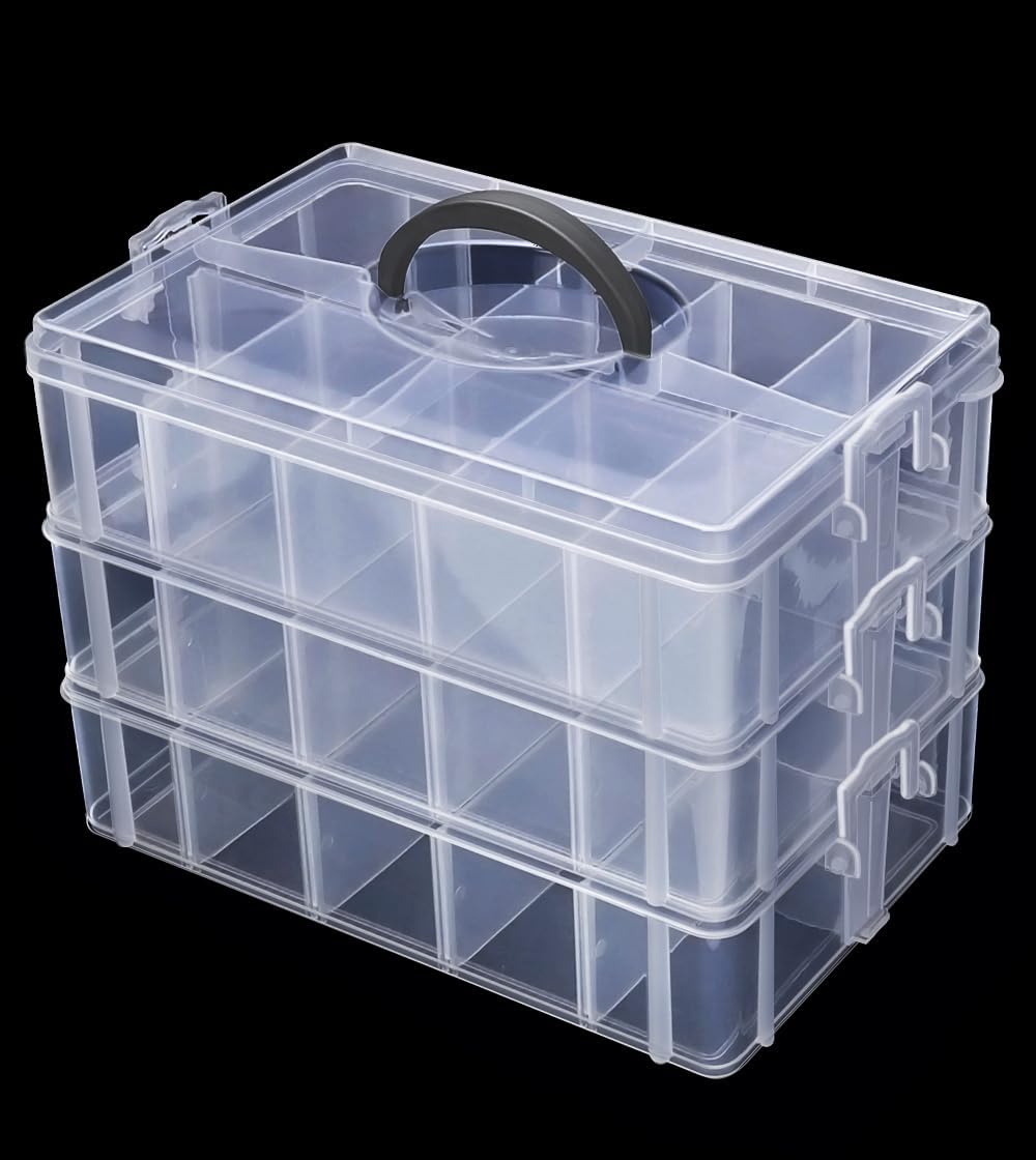 Praisebank 3-Layer Stackable Storage Container Box, 30 Dividers Compartments, Perfect for Storage Jewelry & Arts & Crafts & Sewing. (Pink)