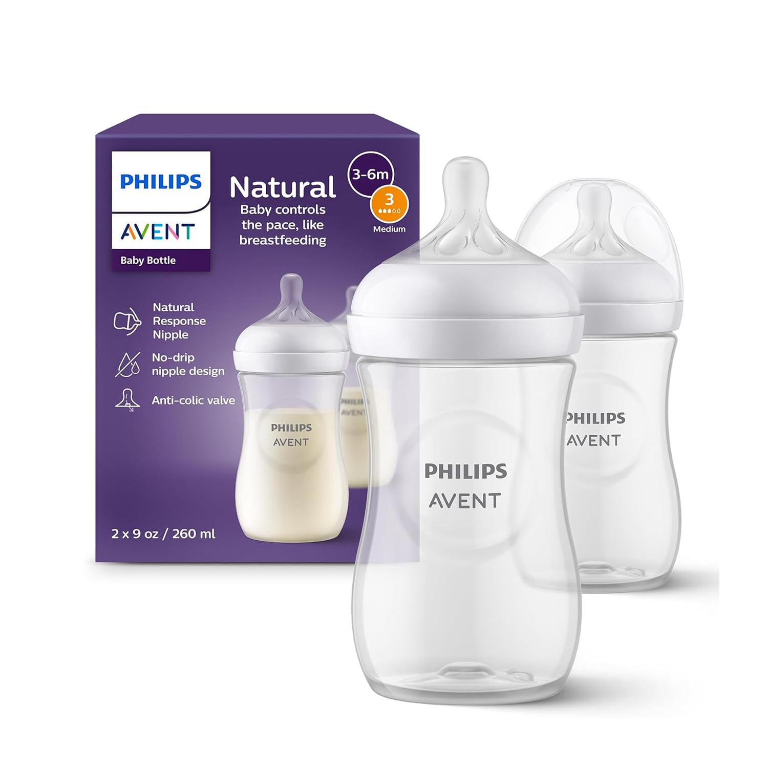Philips Avent Natural Response Baby Bottle - 2 x 260ml Baby Milk Bottle for Newborns and Up, BPA Free, 1+ Months (Model SCY903/02)