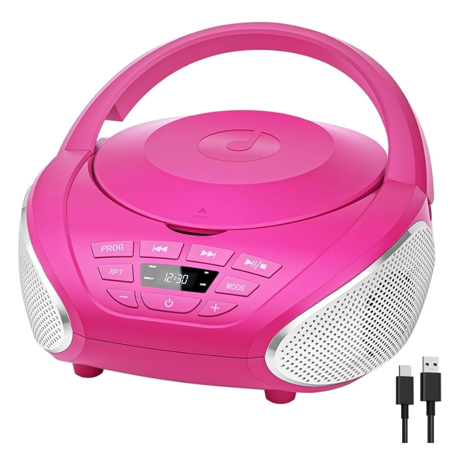 Gueray Boombox - Reproductor de CD portátil compacto con altavoces estéreo, radio FM, entrada AUX de 3,5 mm y pantalla LCD para auriculares, para interiores, exteriores, viajes y audiolibros (rosa +