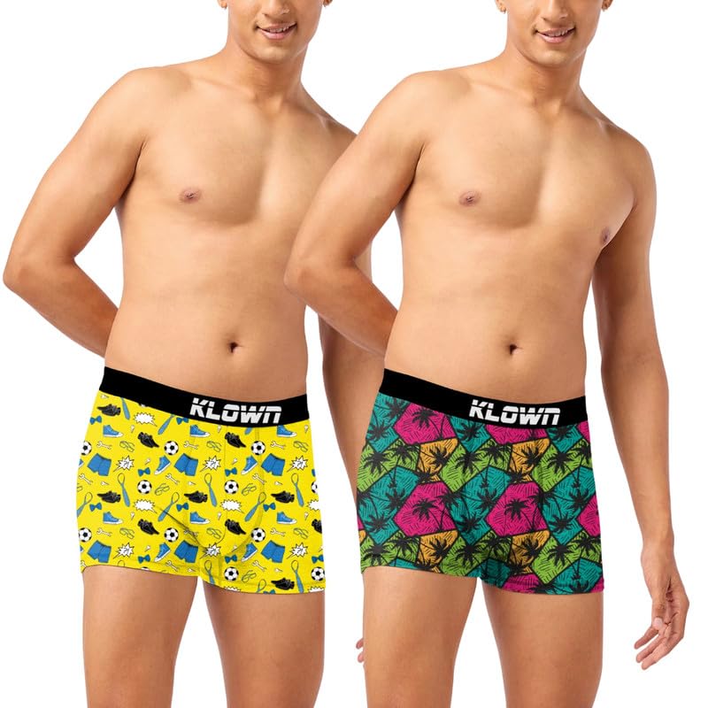 klown Pack of 2 Printed Trunk for Men | Cotton Blend | Soft & Stretchable | Stylish Men's Underwear | Comfortable Fit | Assorted Prints | Innerwear for Men |Green-Pink-Yellow-picture-13