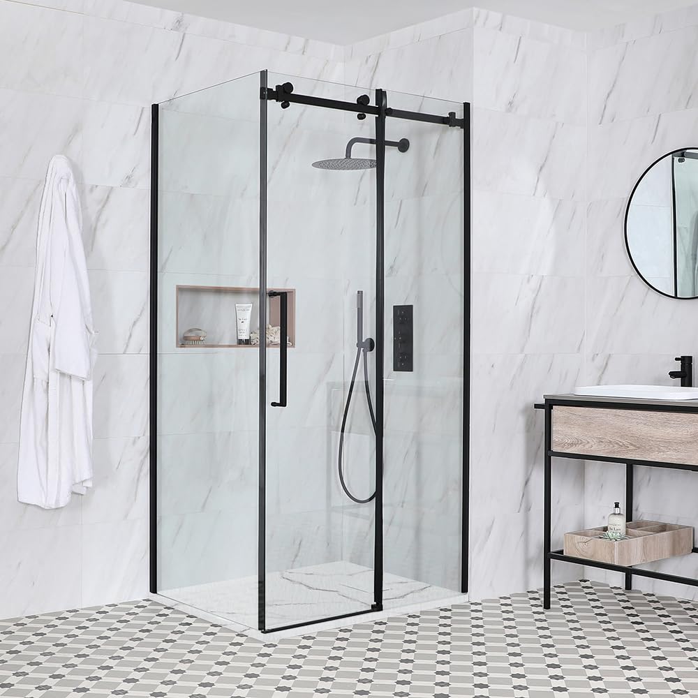 Milano Nero Black Corner Frameless Sliding Door Shower Enclosure Marble Effect Tray - 1500 x 800mm
