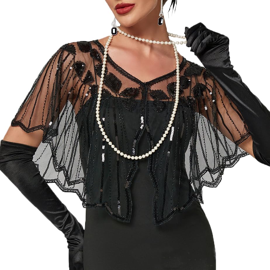 Formery 1920s Flapper Sequin Shawl Wraps Gatsby Black Shawls for Evening Party Cape Wavy Hem Bridal Shawls Bolero Cover Up