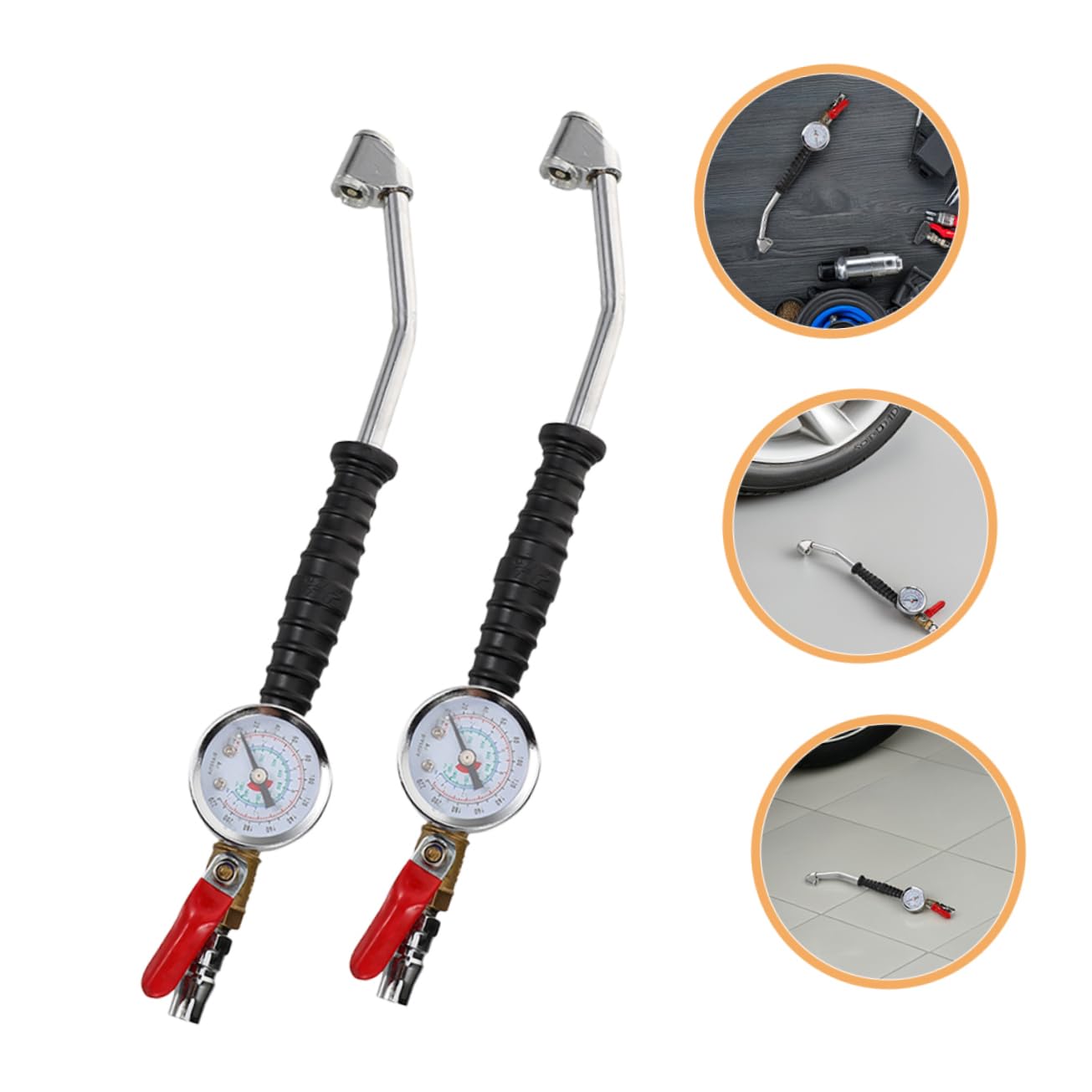 Happyyami 2 Stück Reifenfüller mit Manometer Verlängerter Lkw Reifenfülldüse Winkelverbinder Schnellkupplung für Auto Motorrad Fahrrad Präziser Luftdruckmesser Mobiles Reifendruckprüfgerät