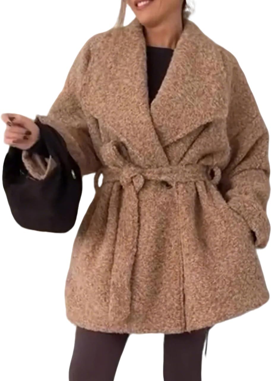 chouyatou Women's Shaw Collar Belted Winter Wool Coat Double Breasted Fuzzy Midi Long Wool Peacoat Overcoat