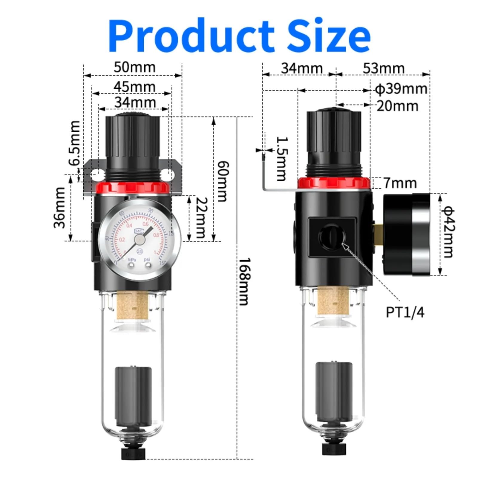 1 sztuka AFR-2000 filtr powietrza 1/4, regulator filtra AFR2000, jednostka uzdatniania powietrza, manometr do sprężarki z przyłączem (AFR2000-PC8)