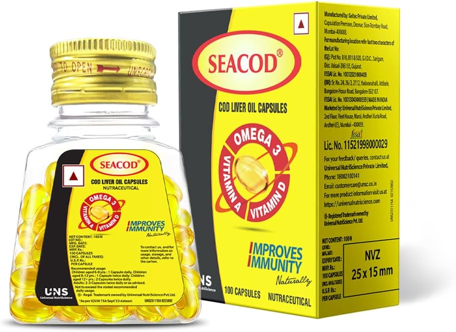 Seacod Cod Fish Liver Oil 100 softgel Capsules With Natural EPA & DHA (100 Caps)