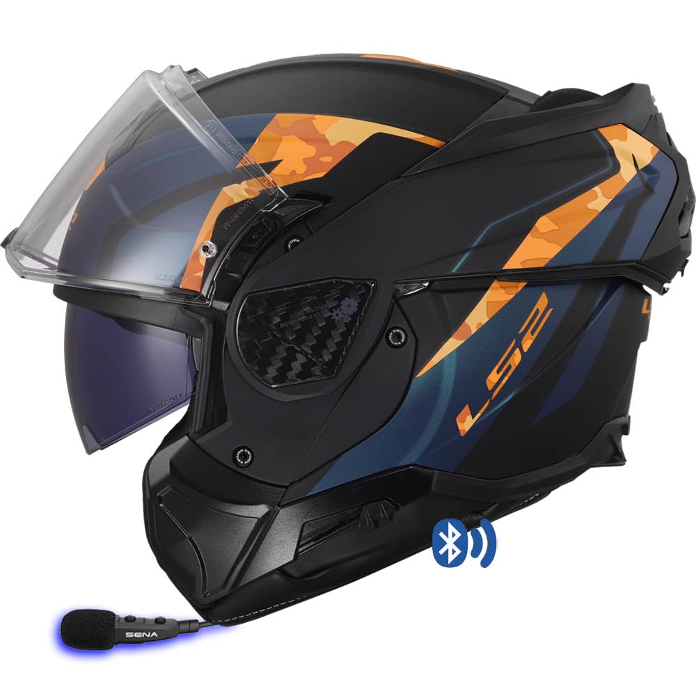 Designed LS2 ADVANT FF910 Bluetooth Sena Intercom Integrado Glide Orange - Casco de Moto Modular 180 Grados - Integral P/J + Pinlock - Homologado ECE 22.06