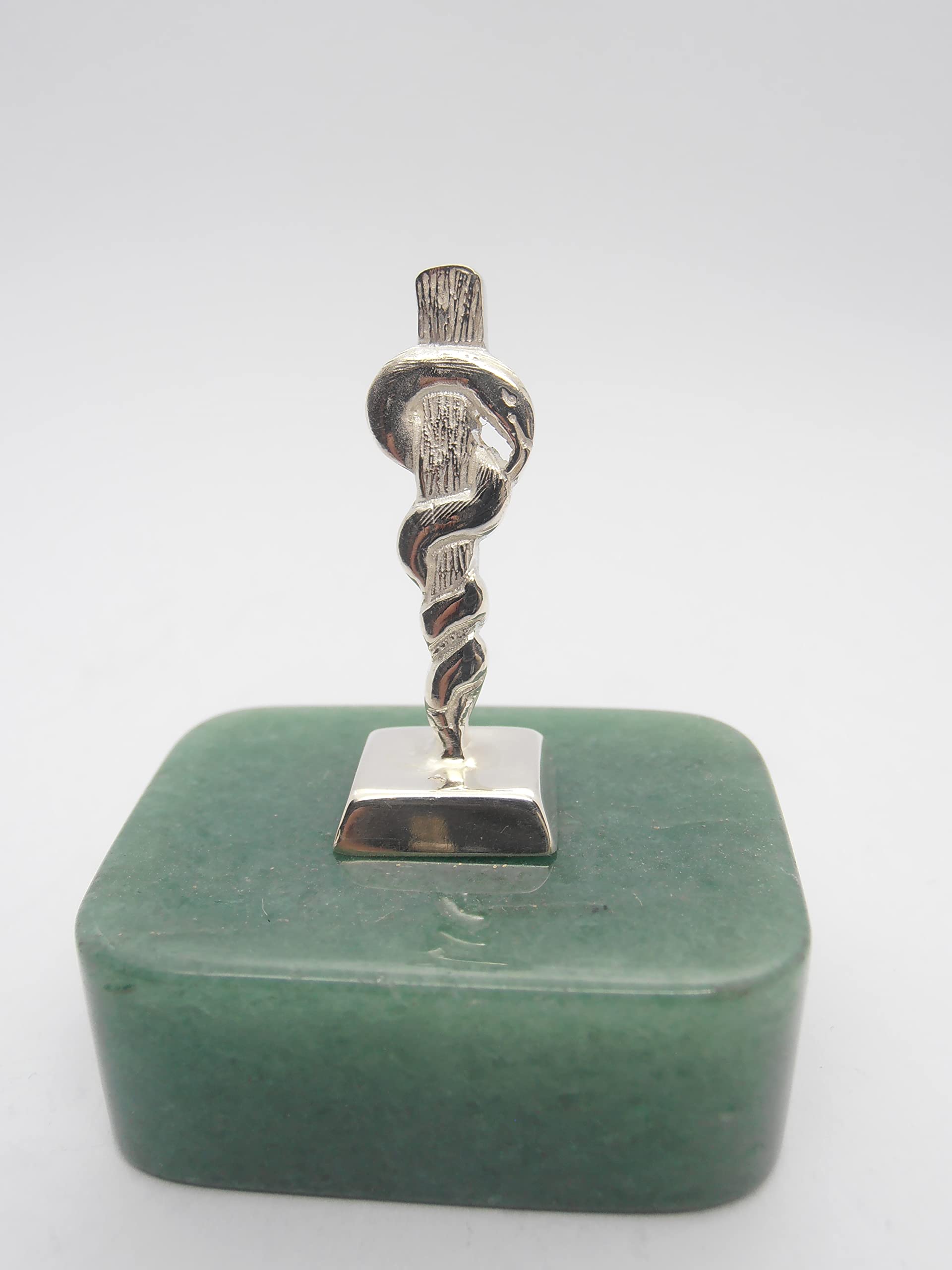 Bastone di Esculapio : Simbolo di Asclepio in Argento 925 su Avventurina Naturale Verde - Medici - Dottori - Medicina - Fermacarte - Soprammobile - Pietra Dura