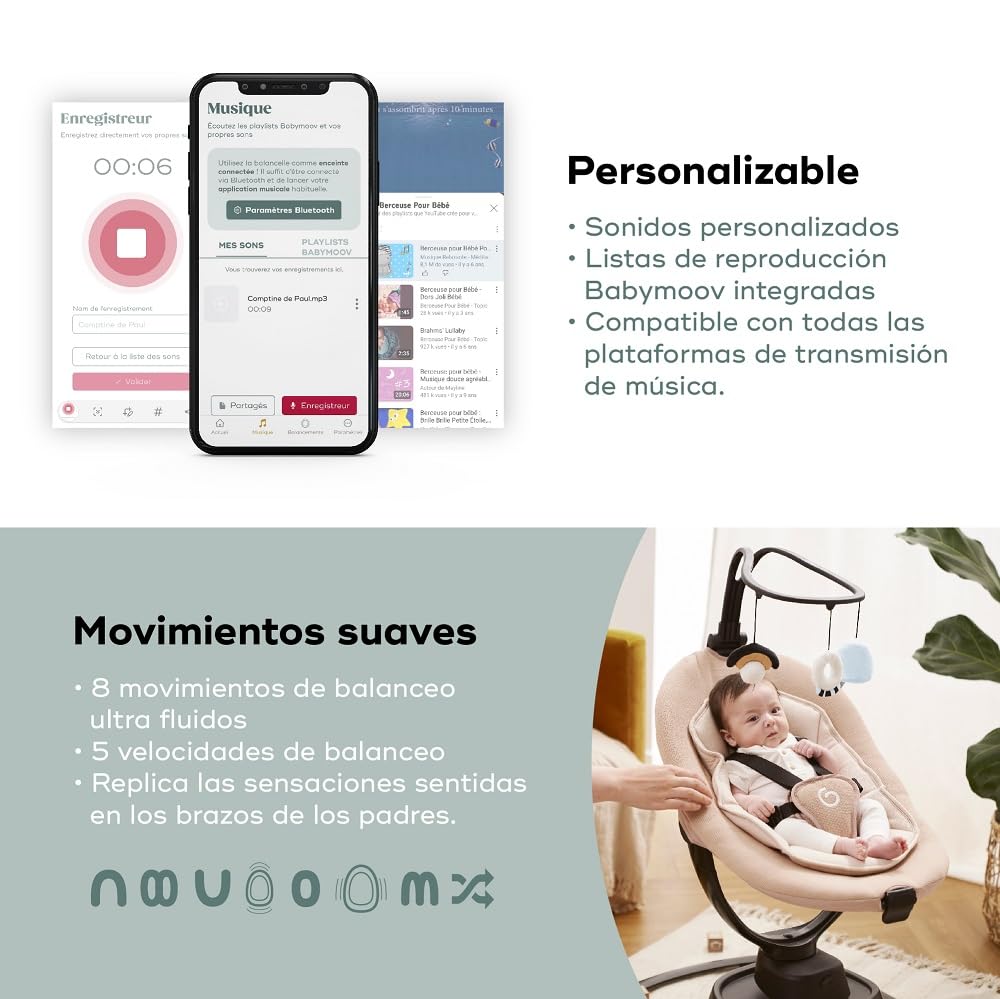 Babymoov Balancín eléctrico bebé Swoon Evolution Mocca - Conectado con aplicación móvil - Streaming musical,grabación de voces,canciones de cuna personalizadas - Asiento de 360°-Reductor recién nacido
