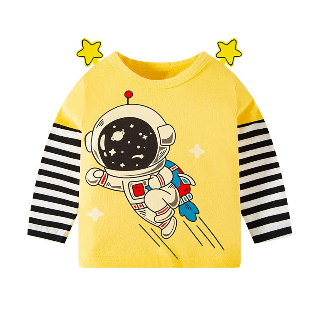 Camiseta de manga larga para niños, lindas camisetas para niñas, diseño de animales, astronauta espacial, rayas blancas y negras