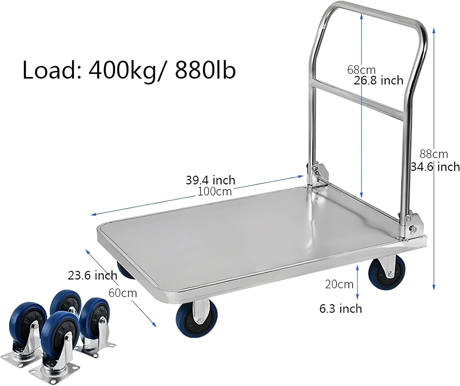 Edelstahl-Plattformwagen, klappbarer Griff, robuster Transportwagen für Gepäck, Werkzeuge & Ausrüstung, hohe Tragfähigkeit, langlebiger Nutzwagen