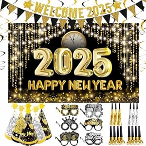 2025 New Year Party Supplies Set – Large Happy New Year 2025 Banner, Cone Hats, Welcome Banner, Eyeglasses and Party Blowers