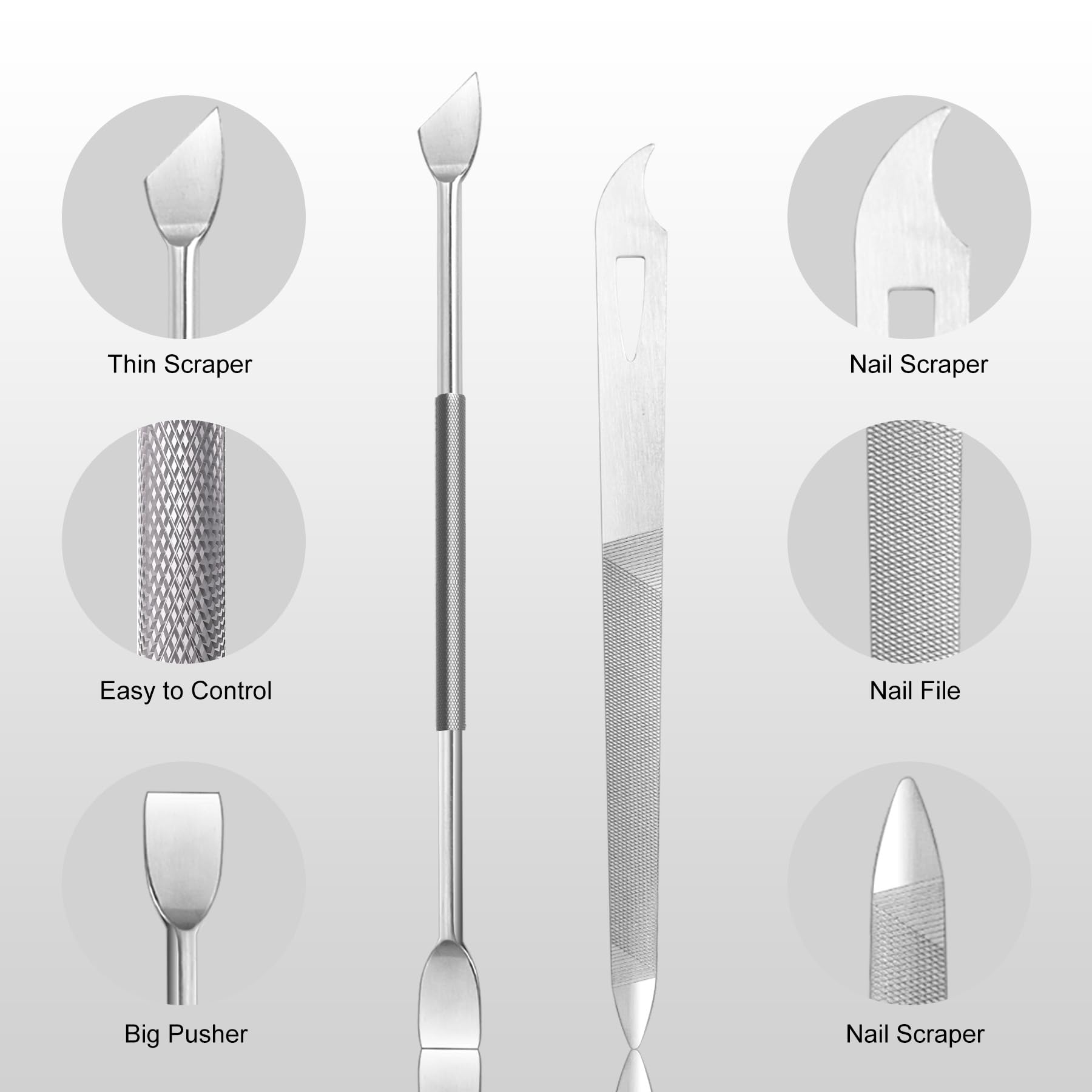Juego de 5 recortadoras de cutículas con empujador, cortador, raspador, pinzador, cortaúñas profesional, de acero inoxidable, kit de herramientas para quitar cutículas de manos y pies, con 6