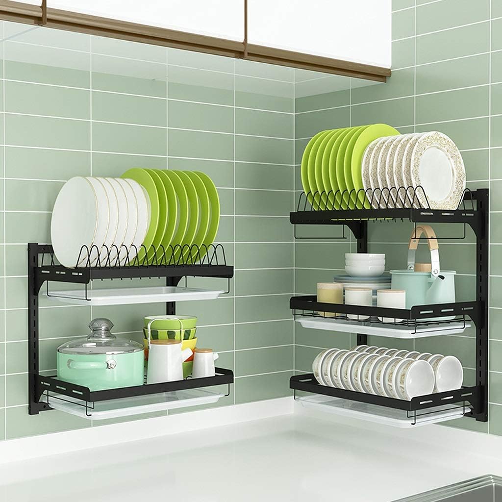 Escurridor de Platos Pared Acero Inoxidable 201 para Cocina,Organizador 2 o 3 Niveles con bandejas,Platos y Cuencos(3 Capas)