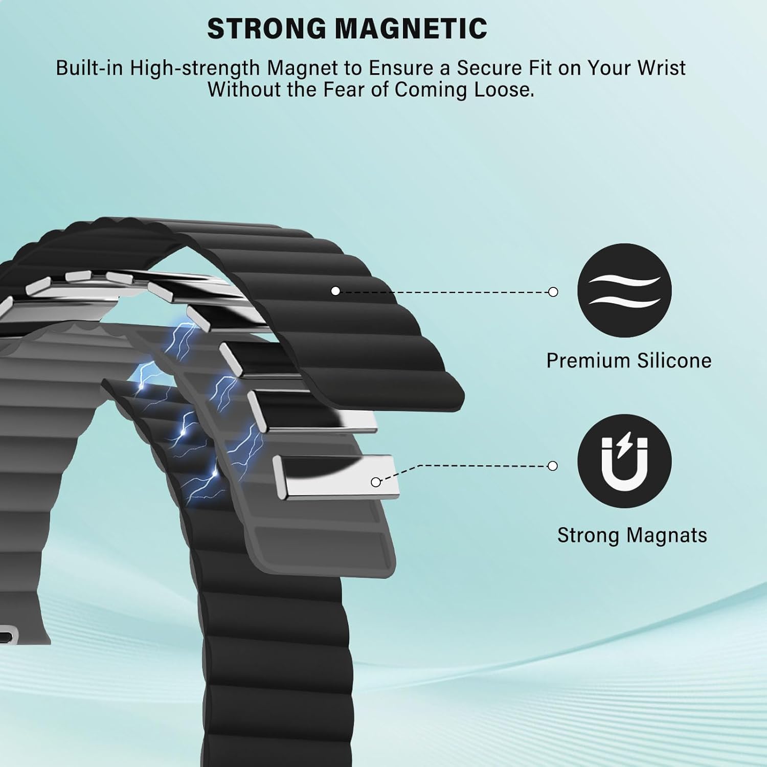 Compatible with Apple Watch Band 49 46 45 44 42 41 40 38mm, Double Sided Wearable Silicone Magnetic Strap for iWatch Ultra SE Series 11 10 9 8 7 6 5 4 3 2 1 (38/40/41/42, Black/Gray) - Image 4