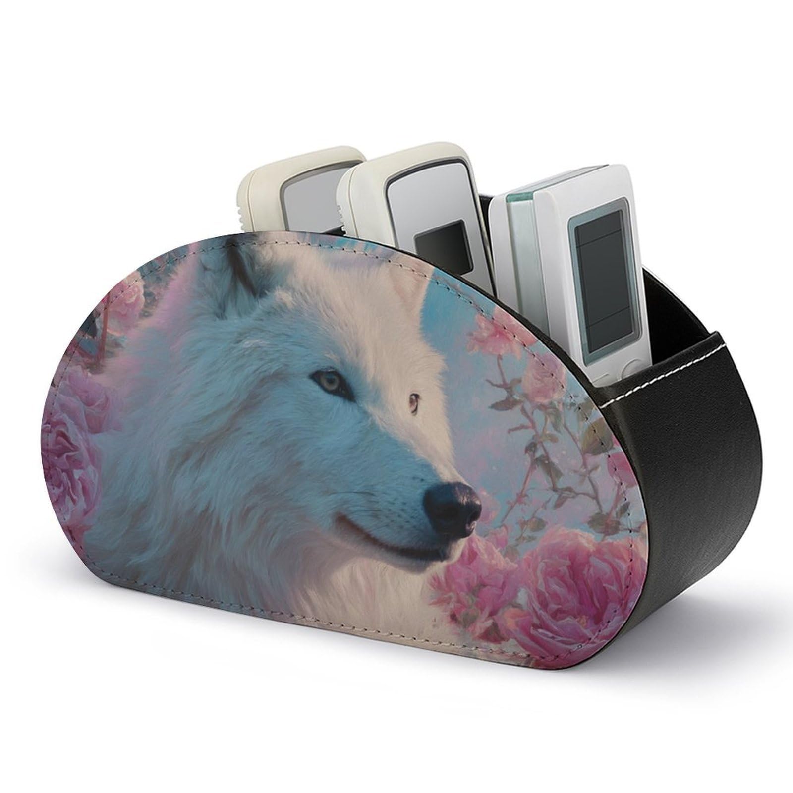 Jubonexis White Wolf in Pink Roses Remotes Control Holder with 5 Compartments Leather TV Remote Caddy Storage Box Desktop Organizer