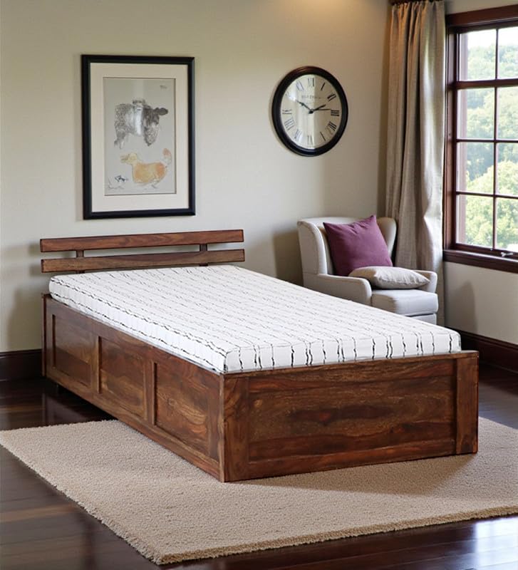 Image of Solid Sheesham Wood Admire Single Bed with Box Storage | Wooden Single Bed Cot Palang Furniture for Bedroom Living Room Home and Hotel (Provincial Teak Finish)